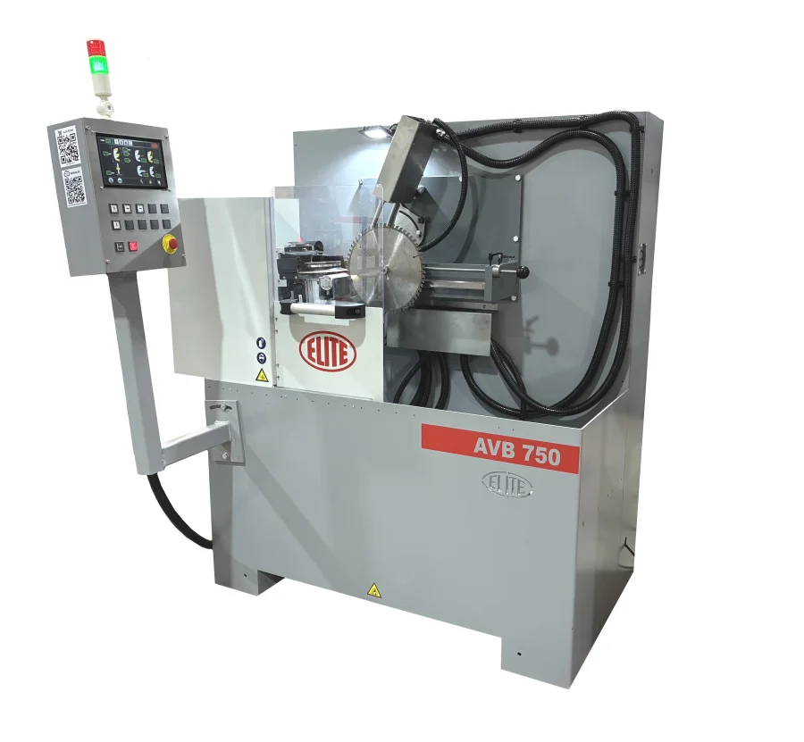 Schärfmaschine für Kreissägen mit Hartmetallspitzen, ELITE Modell AVB 750. Sie ermöglicht das Schärfen aller Geometrien der Zahnrückseite und -fläche